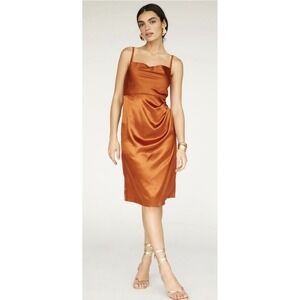 Nikasha Cowl Neck Ruched Satin Mini Dress Copper Slip Cocktail Spaghetti Strap 4